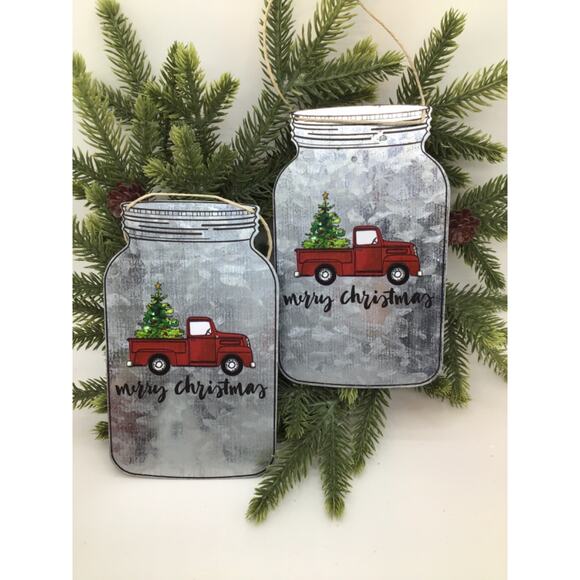 Red Truck Ornaments SetLarge Christmas Tree Galvanized Metal Mason Jar - Picture 1 of 3